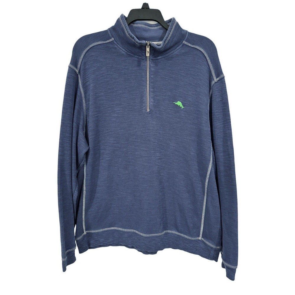 Tommy Bahama Mens Shirt 2XL 1/4 Zip Blue Sweatshirt Cotton Lyocel Green Marlin